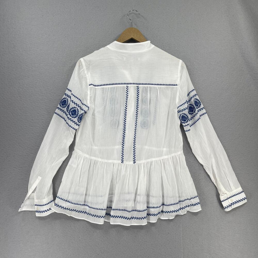 Derek Lam 10 Crosby Blouse Sz 4 White Blue Ailani Embroidered Sheer Coastal Chic - Picture 9 of 9